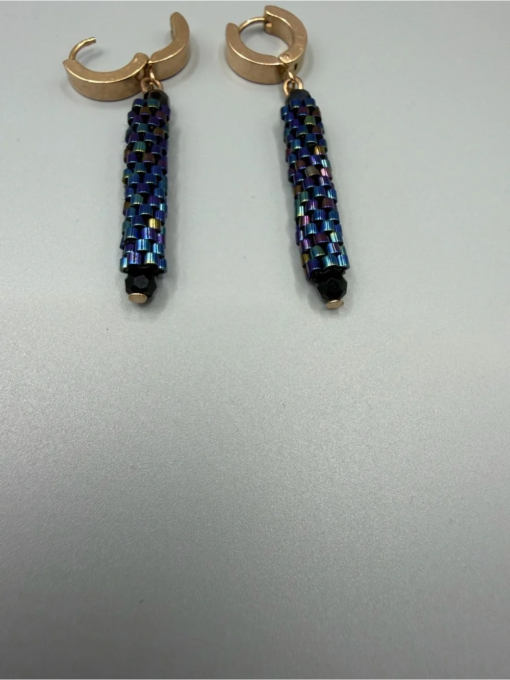Gold Hoop Earrings with Iridescent Blue Beaded Drops